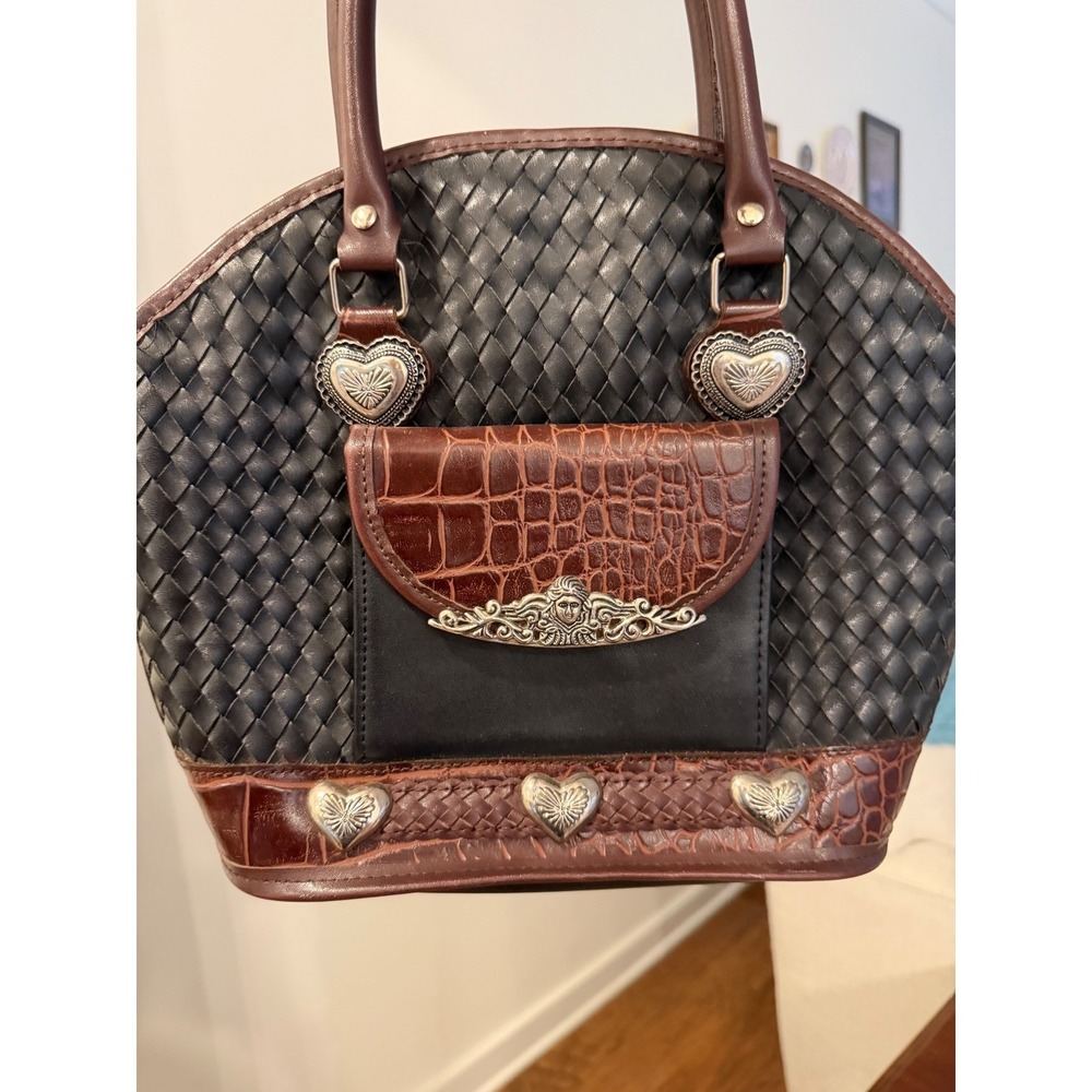 Western Woven Leather Satchel Handbag Black Brown Croc Heart Concho Dome Bag - Picture 2 of 6